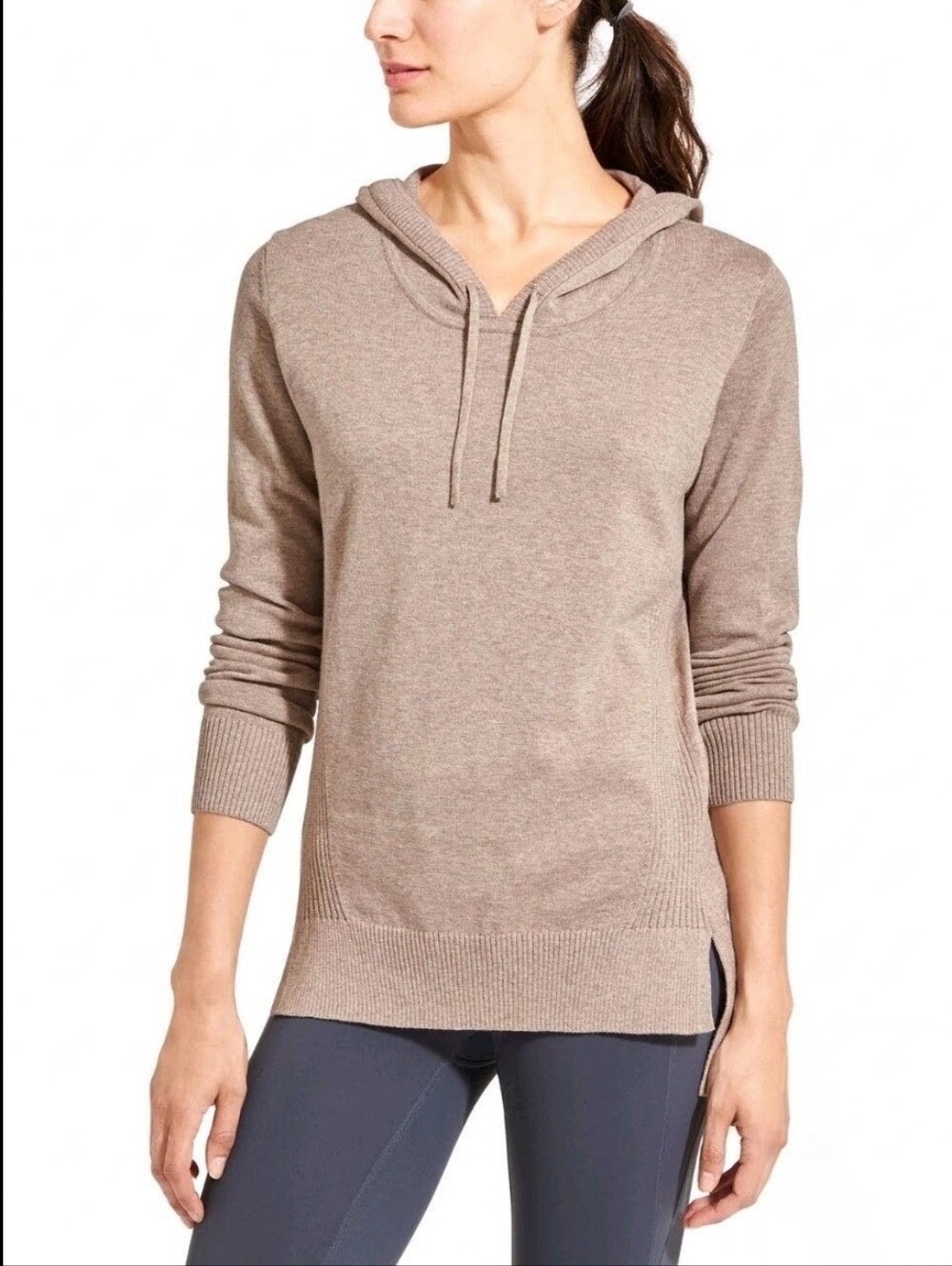 Athleta Winding River  Hoodie Knit Sweater Foxtail Taupe Beige Hi Lo Hem XS